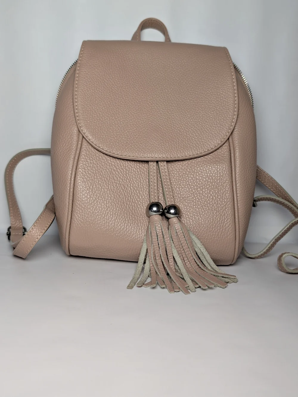 Women's Blush Pink Leather Backpack with Tassel